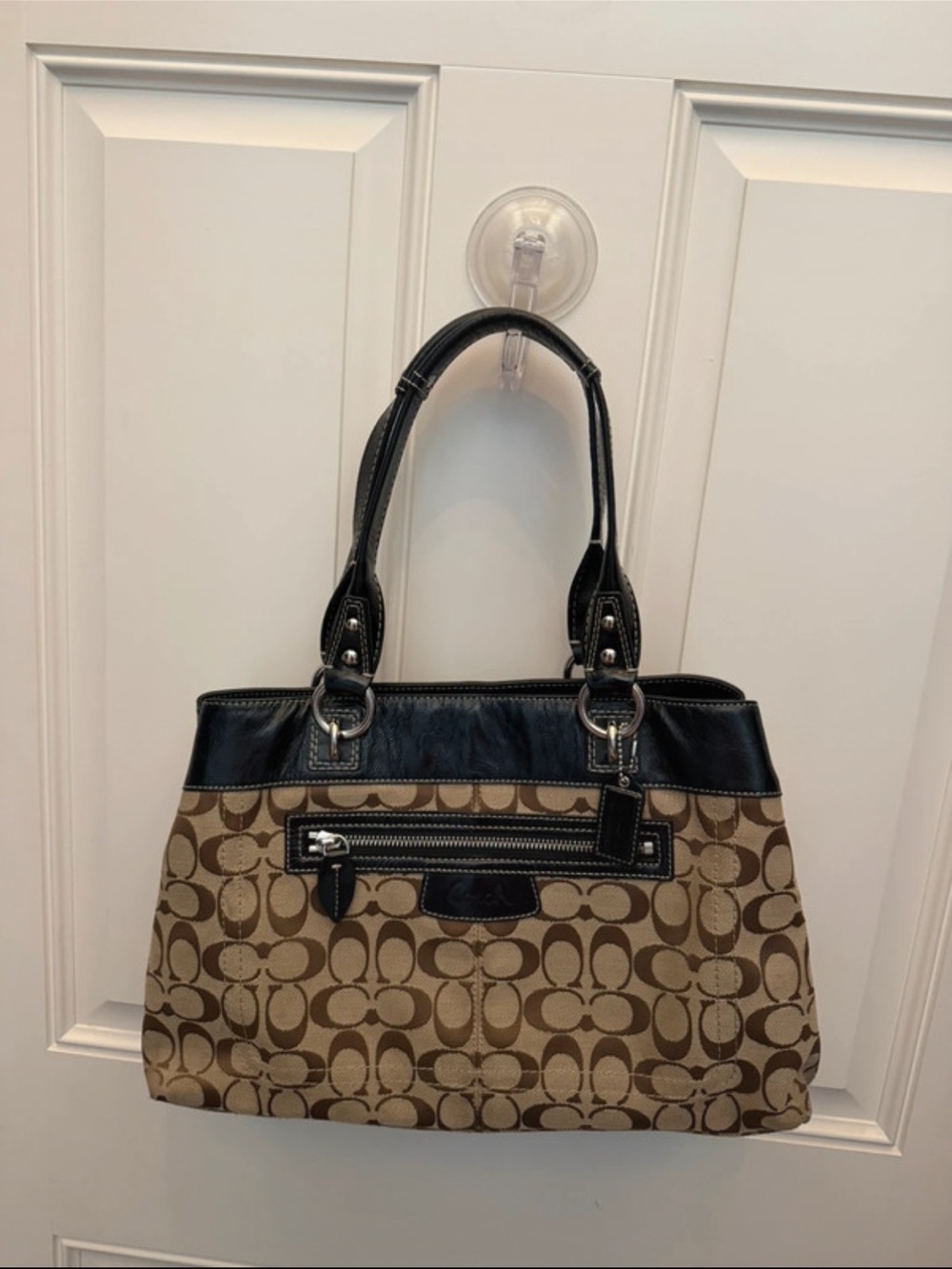 Coach Brown Signature Canvas Shoulder Bag with Black Trim
